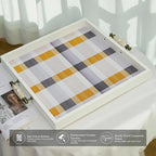 Rustic White Wooden Frame Plaid Serving Tray with Ceramic Handles, Yellow Grey White Checkered Decorative Breakfast Tray, Velvet Bottom, 16.3" x 15" x 1.6"