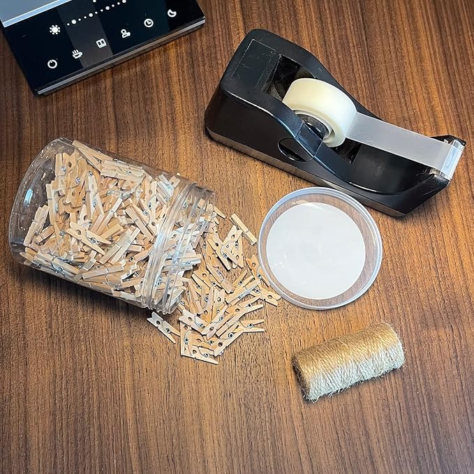Mini Wooden Clothespins With Jute Twine, 250pcs, 1 Inch Photo Paper Peg Pin Craft Clips With 66ft Natural Twine for Scrapbooking, Arts & Crafts, Hanging Photos (Natural Color)