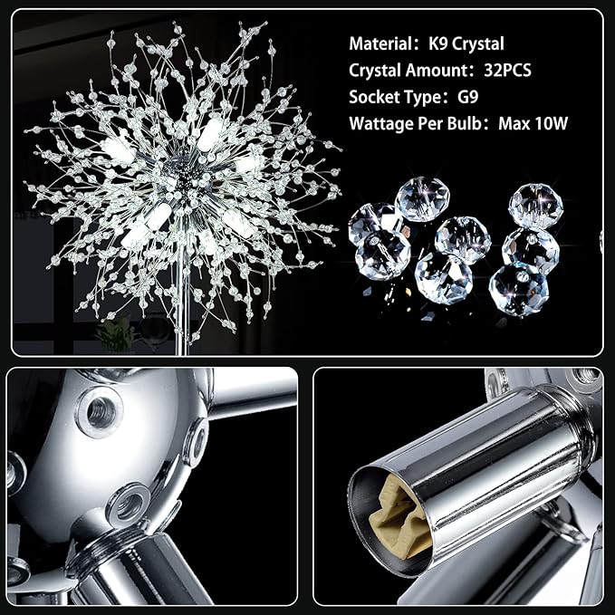 Airposta Crystal Floor Lamp - Elegant Standing Lamp, 69" Tall, Modern Design, 32 Firework Crystal Harnesses, Chrome Finish
