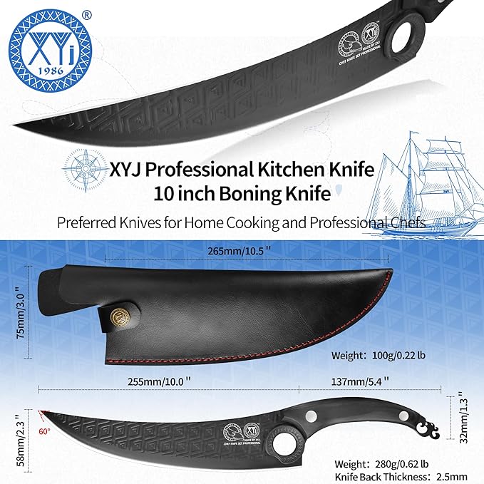 XYJ Authentic Since 1986, FULL TANG 10 Inch Boning Knife With Sheath, Stainless Steel Deboning Meat Cleaver for Meat Cutting, Vegetable Kitchen Knife for Outdoor Camping