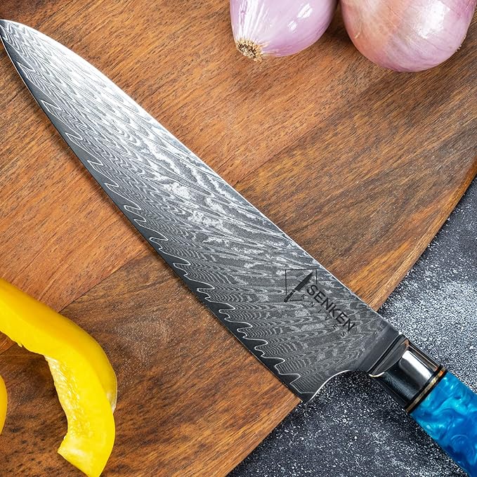 SENKEN Damascus Steel Chef's Knife - Tsunami Collection - 67-Layer Japanese VG10 Steel Core - Unique Blue Resin & Natural Wood Handle, Razor Sharp, Beautiful Damascus Wave Pattern (8" Chef's Knife)