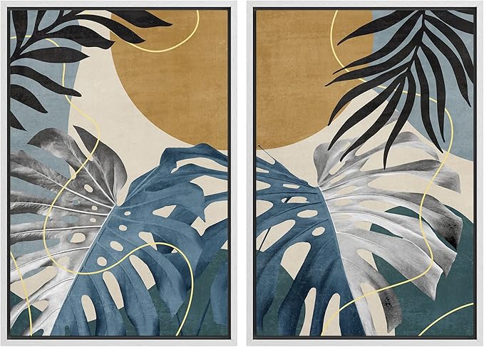 SIGNFORD Framed Canvas Print Wall Art Set Jungle Tropical Monstera Palm Leaf Abstract Shapes Illustration Modern Art Decorative Nordic Nature for Living Room, Bedroom, Office - 24"x36"x2 White