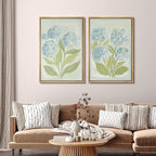 SIGNFORD Framed Canvas Print Wall Art Set Soft Hydrangea Pair Light Blue Florals with Green Leaves Illustration Modern Art Decorative Nature for Living Room, Bedroom, Office - 24"x36"x2 Natural