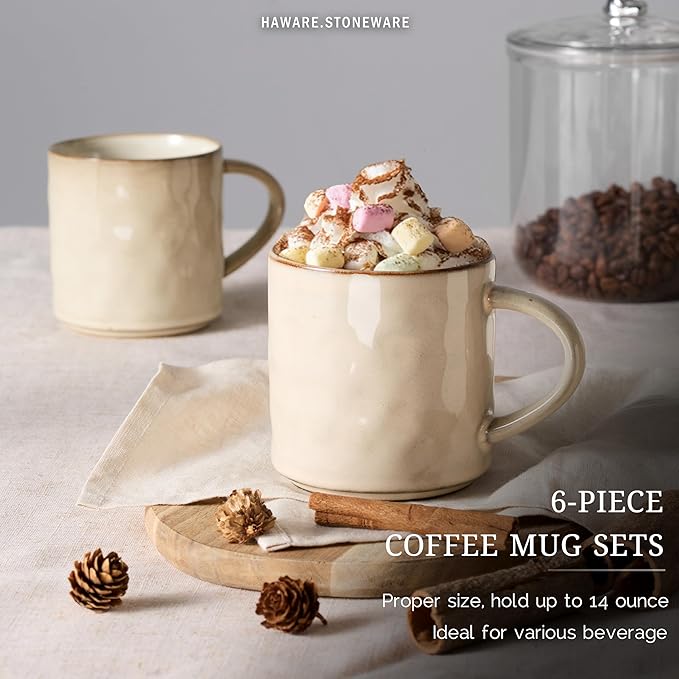 HaWare 14OZ Coffee Mugs Set of 6, Stoneware Coffee Cups with Handle, Latte Mug for Man, Woman, Dad, Mom, Modern Tea Mugs for Latte/Cappuccino/Cocoa/Milk, Dishwasher& Microwave Safe, Saturn Khaki