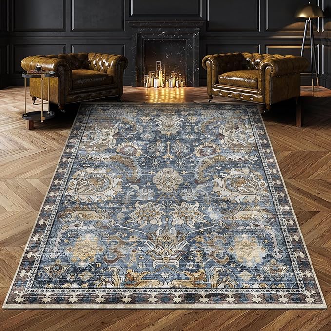 RUGSURE Washable Area Rugs - Perfect for Living Room, Bedroom, Kids Room, Nursery - Stain & Water Resistant Non-Slip, Pet & Child Friendly, Vintage Tribal Area Rugs (Navy, 3' x 5 ')
