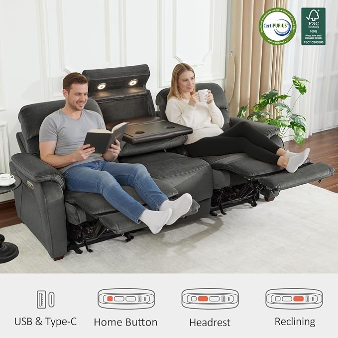 MCombo Wall Hugger Recliner Sofa with Drop Down Table, Power Reclining Sofa with Adjustable Headrest, USB A&C Charge Ports, Reading Lamp, Cup Holders, for Living Room, RVs (Fabric, ST258M3, Dark Grey)