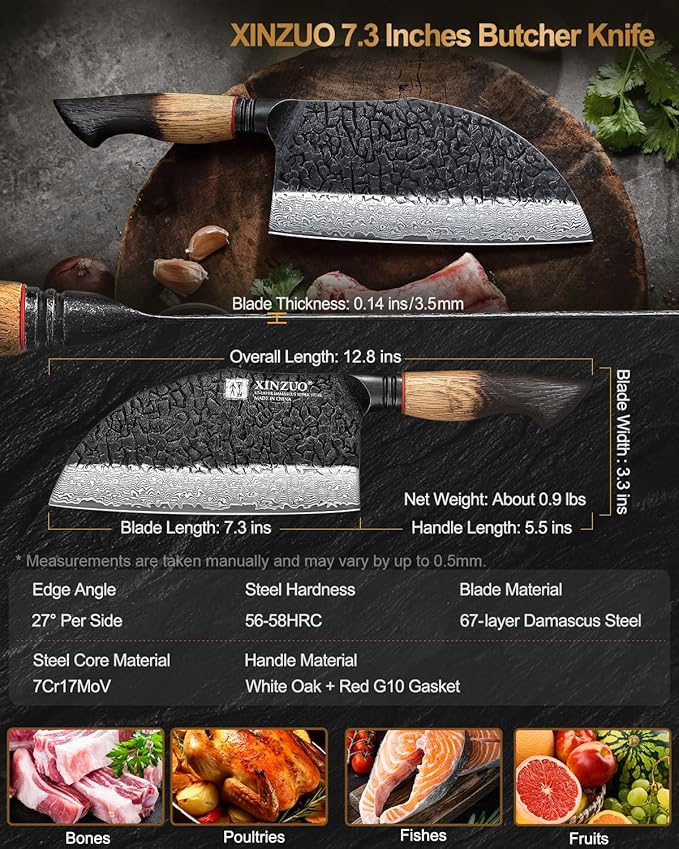XINZUO 7.3 Inch Hand Forged Butcher Knife With Sheath,67-Layer Damascus Steel With 7Cr17Mov Core Big Knife For Meat Cleaver Cutting Vegetable Cleaver For Kitchen,Camping
