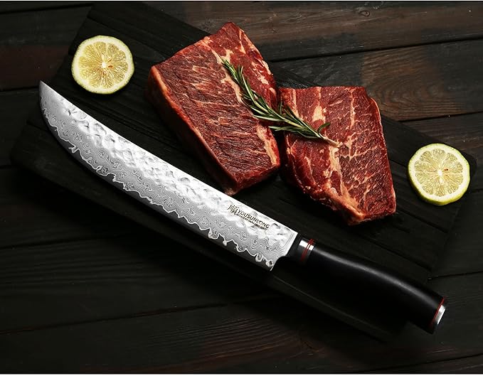 YOUSUNLONG Cimitar Knife 10" Butcher's Scimitar Knife Hammered Japanese Damascus Steel Natural Leadwood Handle