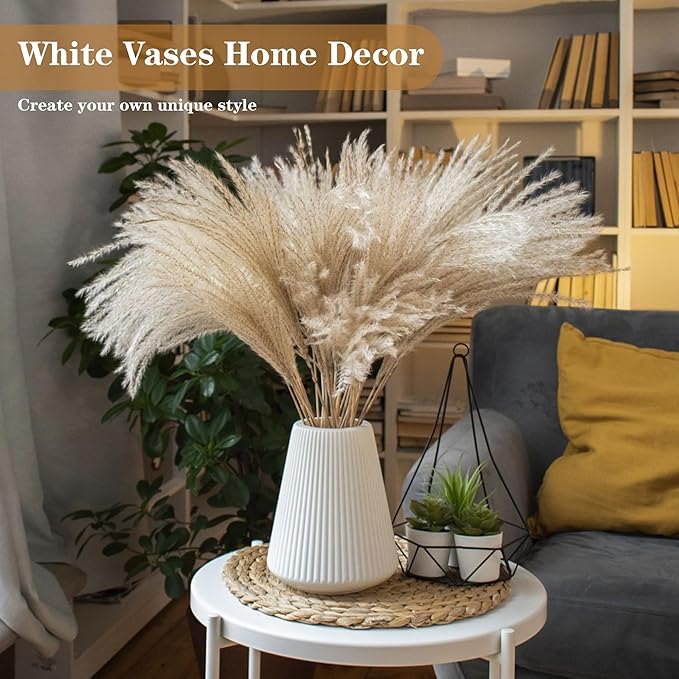 White Ceramic Vase, GUKJOB Small Cute Flower Vase for Pampas Grass, Home, Living Room, Dining Table, Farmhouse, Office Decor, Bedroom, Table, and Kitchen Shelf (White- 2PCS)