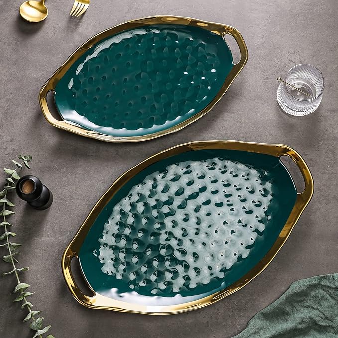 Stone Lain Florian Porcelain Large and Medium Oval Platters with Handle, Service Set, Green with Gold Rim