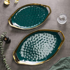 Stone Lain Florian Porcelain Large and Medium Oval Platters with Handle, Service Set, Green with Gold Rim