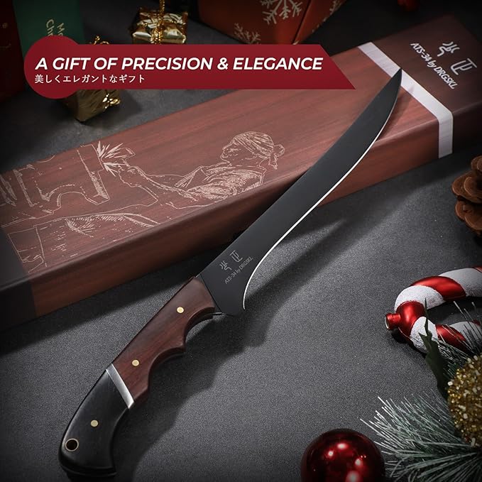 Boning Knife 7 inch - Brisket Trimming Knives for Meat Cutting, Black Butcher Slicing Knives with Full Tang Handle, Kitchen Fillet Knife for Birthday Dad Mom Gift