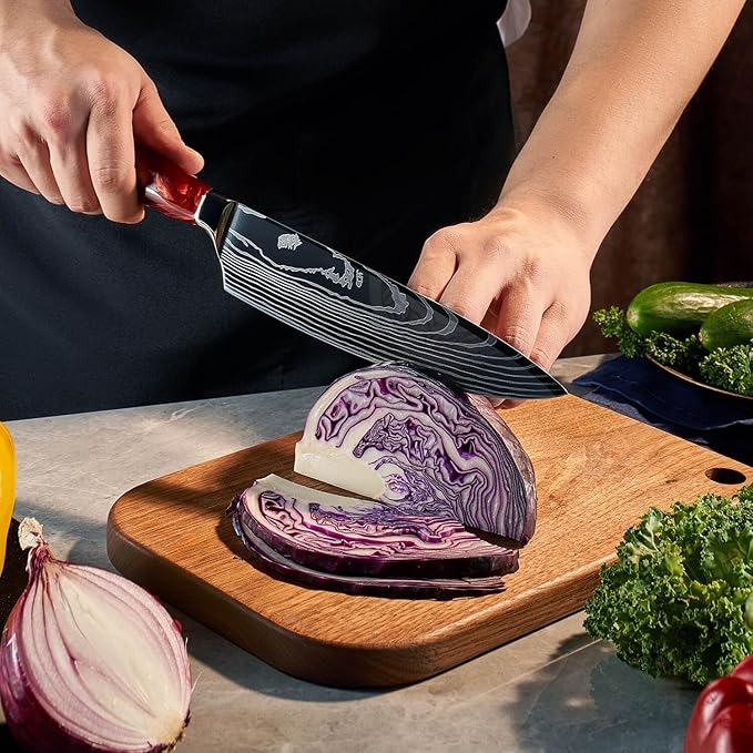 SENKEN 8-piece Japanese Kitchen Knife Set with Red Resin Handle and Laser Damascus Pattern - Crimson Collection - Chef's Knife, Santoku Knife, Paring Knife, & More - Ultra Sharp for Very Fast Cutting