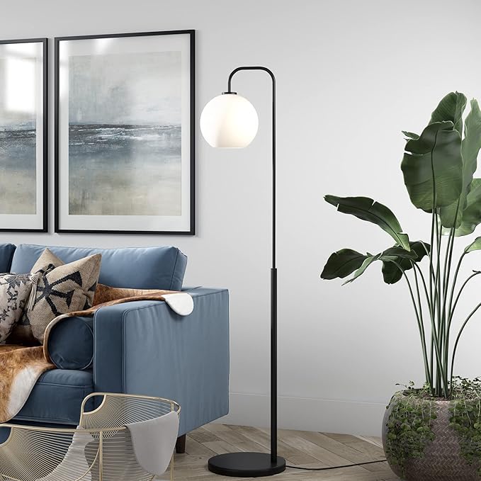 Harrison Arc Floor Lamp with Glass Shade in Blackened Bronze/White Milk