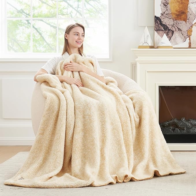 Cozy Bliss Luxury Sherpa Throw Blanket for Couch, Premium Reversible Plush Thick Throw, Warm Cozy Soft Blanket for Home and Gifts (Mottled Beige, 50" x 60")