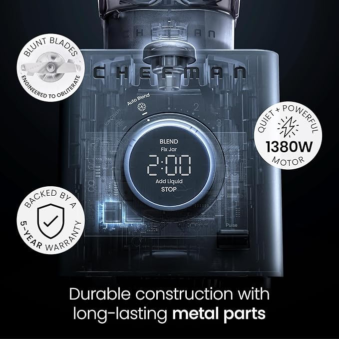 Chefman Obliterator 48 oz Countertop Blender for Smoothies, 1380W Motor to Crush Ice, Nuts, and Frozen Fruit with Stainless Steel Blade, Auto Blend Function, Includes 20 oz Travel Jar