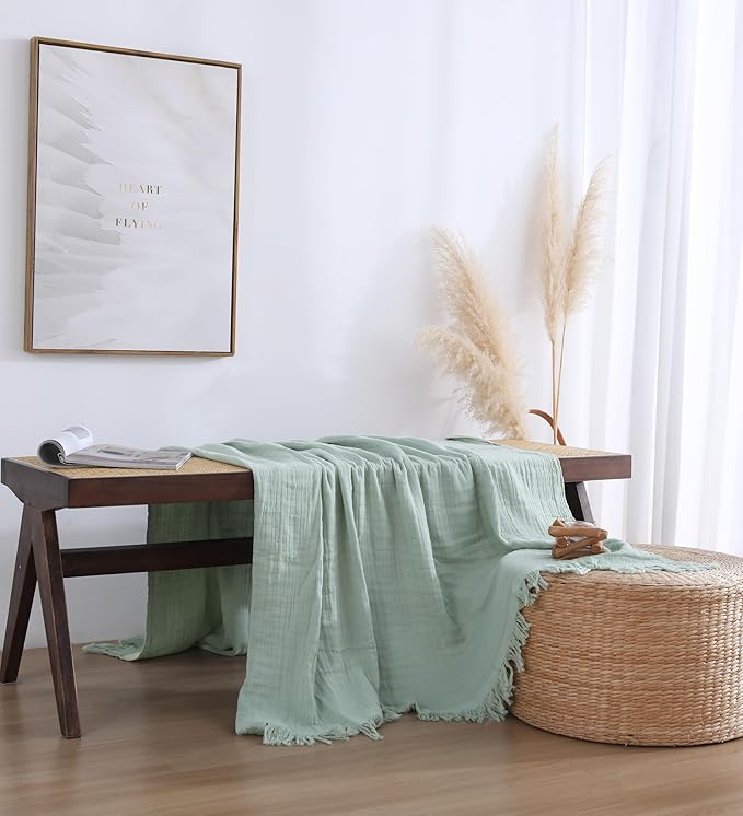100% Cotton Muslin Throw Blanket for Bed, Couch, Small, Decorative, Soft, Pre-Washed, Breathable and Lightweight Gauze Blanket with Tassels, Suitable for All Seasons, Sage Green, 50"x60"