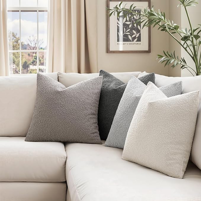 MIULEE Pack of 4 Decorative Textured Boucle Throw Pillow Covers 20x20 Inch Neutral Grey Accent Solid Pillow Cases Couch Cushion Covers for Modern Farmhouse Boho Chair Sofa Bed Livingroom Home Decor