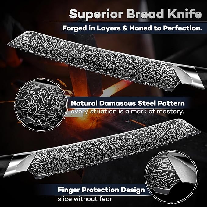 DRAGON RIOT 8 Inch Bread Knife with Damascus Pattern, VG10 Steel Core, High Carbon Stainless Steel Serrated Blade, Ergonomic Curved Handle, Easy to Clean, Kitchen & Baking Gift
