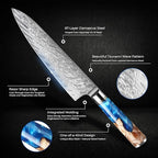 SENKEN Damascus Steel Chef's Knife - Tsunami Collection - 67-Layer Japanese VG10 Steel Core - Unique Blue Resin & Natural Wood Handle, Razor Sharp, Beautiful Damascus Wave Pattern (8" Chef's Knife)