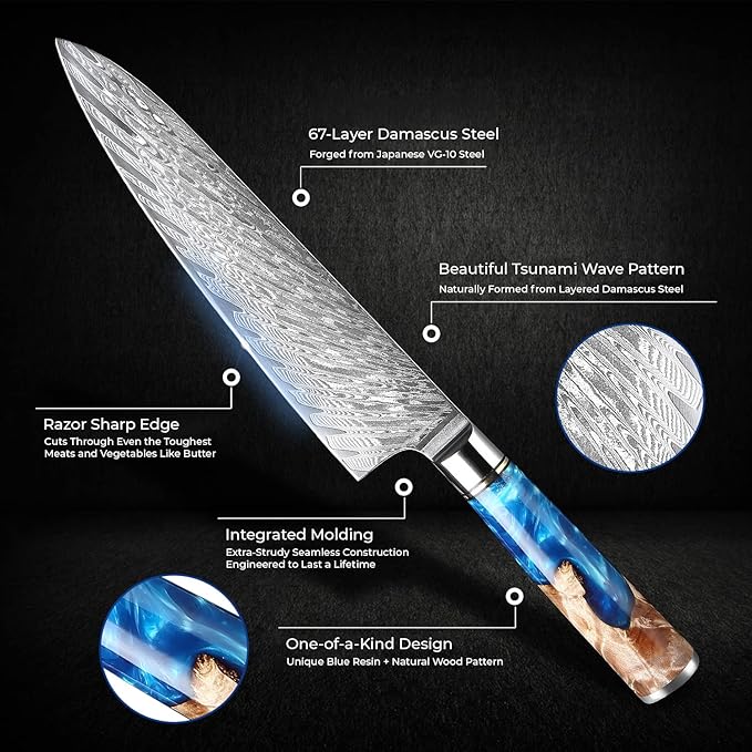 SENKEN Damascus Steel Chef's Knife - Tsunami Collection - 67-Layer Japanese VG10 Steel Core - Unique Blue Resin & Natural Wood Handle, Razor Sharp, Beautiful Damascus Wave Pattern (8" Chef's Knife)