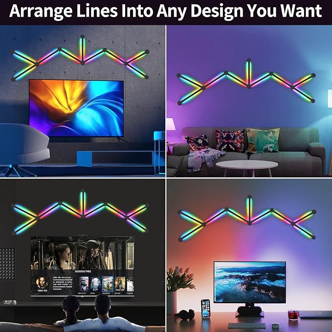 RGB Wall Light, LED DIY Geometry Splicing Gaming Lights, Backlit Modular Wi-Fi Colour Changing Home Decor Lights Work with Alexa and Google Assistant for Game Room, Bedroom (9 Lines, Black)