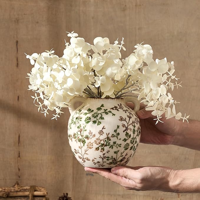 Green and Beige Antique Vase, 5.6 Inch Vintage Chinoiserie Floral Vase, Rustic Ceramic Vase for Home Decor, Living Room, Bookshelf, Office, Entryway, Garden, Chinoiserie Decor, Tuscan Decor