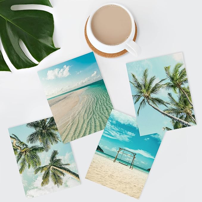 SIGNWIN Poster Bathroom Decor 8"x10"x 4, Wall Art Room Decor Multicolor for Living Room, Bedroom, Office White Topical Teal Sky Palm Tree Beach Ocean Seaside Nature Wilderness Realism Landscape