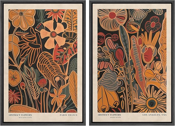 SIGNFORD Framed Canvas Print Wall Art Set Abstract Blossoms Vibrant Floral Illustration Modern Art Decorative Nordic Nature for Living Room, Bedroom, Office - 16"x24"x2 Black