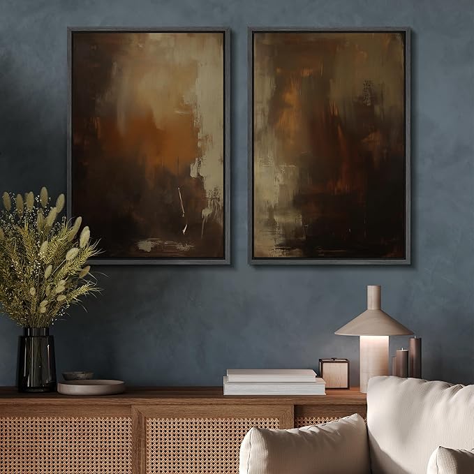 SIGNFORD Framed Canvas Print Wall Art Set Abstract Burnt Sienna and Beige Illustration Modern Art Decorative Nordic Nature for Living Room, Bedroom, Office - 16"x24"x2 Black