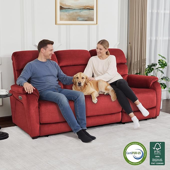 MCombo Wall Hugger Recliner Sofa with Drop Down Table, Power Reclining Sofa with Adjustable Headrest, USB A&C Charge Ports, Reading Lamp, Cup Holders, for Living Room, RVs (Fabric, ST258M3, Burgundy)