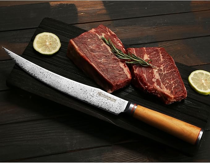 YOUSUNLONG Slicing & Carving Knife -10''(25.4cm) - Damascus Steel - Japanese Hammered Super Steel - Razor Sharp - Italian Olive wood Handle With Leather Sheath -Ham Slicer- Slicing Cleaver