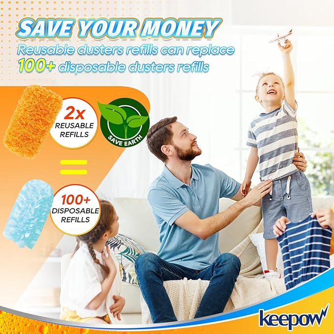 KEEPOW Reusable Duster Refill Compatible with Swiffer Hand Duster, Microfiber Heavy Duty Duster Refills, 360 Degree Dusters Refills for Cleaning, Ceiling Fan, 2 Pack (Handle is Not Included)