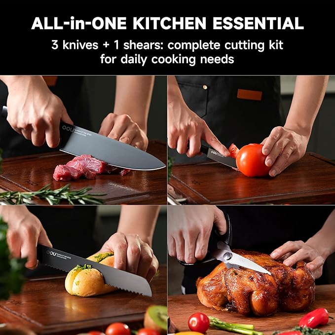 OOU Knife Set with Block and Sharpener,9 Pcs High Carbon German Steel Knife Block Set, Dishwasher Safe Knife Set with Upgrade Ventilated Block & Built-in Cutting Board Organizer, Anti-Rust