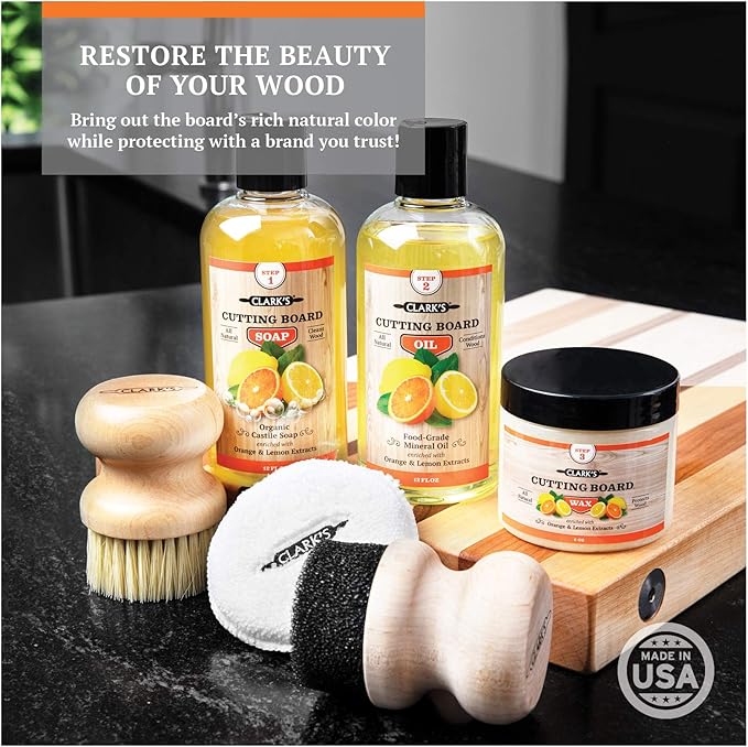 CLARK'S Cutting Board Oil And Wax Kit - Restore The Beauty Of Your Wood - 3-Step Care Solution - Clean Your Wood In All Natural Chemical Free Way - Prevents Cracking Or Warping - Food Safe