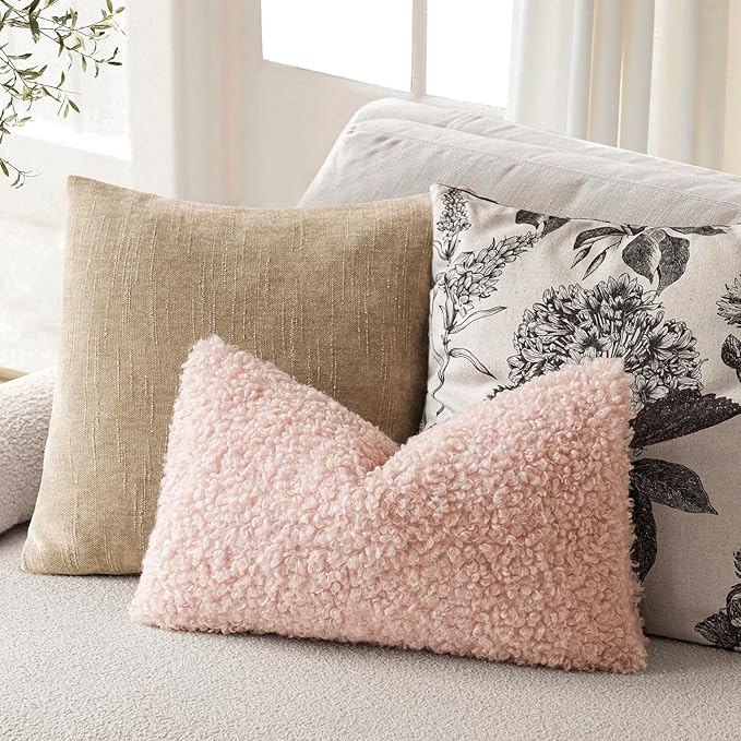 Foindtower Set of 2 Curly Teddy Wool Pillow Covers Decorative Boucle Textured Lumbar Throw Pillow Faux Fur Sherpa Pillowcases Sheepskin Fuzzy Cushion Case for Sofa Bedroom Car 12"x20" Light Pink