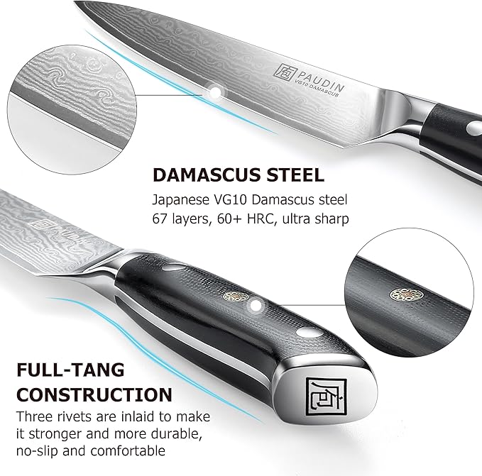 PAUDIN Utility Knife, Damascus Kitchen Knife, 67-Layer Forged Blade, Ultra Sharp Edge, Full Tang G10 Handle with Triple Rivets, 5'' Paring Knife for Cutting Fruit and Vegetables