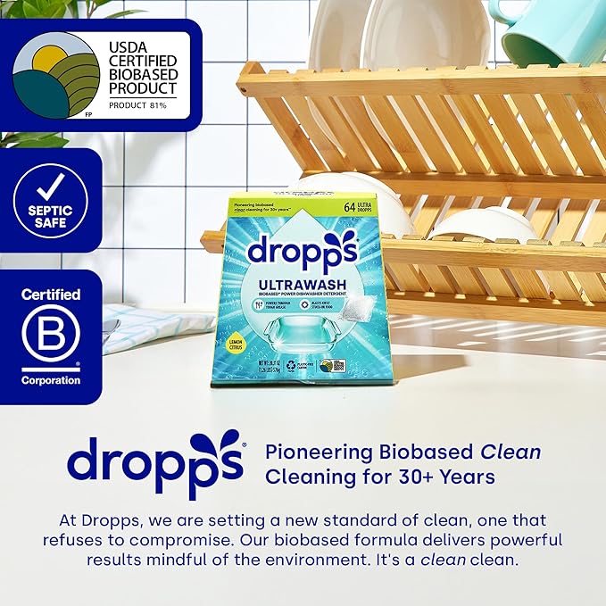 Dropps UltraWash Dishwasher Pods, Lemon Citrus (120 Count) - Biobased Power Deep Clean Dishwasher Detergent Tablets for Sparkling Shiny Dishes - No Rinse Aid or Pre-Wash Needed - Dishwashing Pods