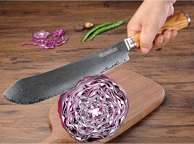 YOUSUNLONG Breaking Knife Bull Nose Pro Butcher Knife 10 Inch Japanese Damascus Steel Italian Olive Wood Handle with Leather Sheath