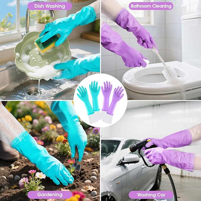 Elgood Reusable Long Dishwashing Cleaning Gloves with Latex Free, Long Cuff,Cotton Lining,Kitchen Gloves 2 Pairs,Purple+Blue Large