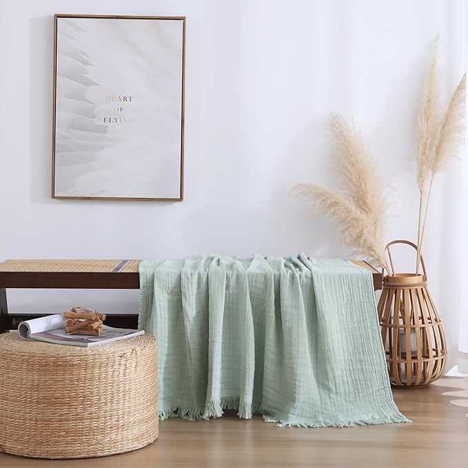100% Cotton Muslin Throw Blanket for Bed, Couch, Small, Decorative, Soft, Pre-Washed, Breathable and Lightweight Gauze Blanket with Tassels, Suitable for All Seasons, Sage Green, 50"x60"