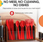 Party Solids Red Plastic Silverware Heavy Duty 150 Pieces Red Plastic Cutlery Sets, Utensil Sets, 50 Of Each Forks, Knives & Spoons Disposable Cutlery Set, Flatware Set For Party Supplies