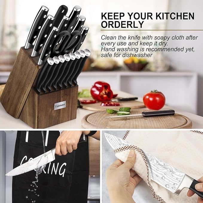 Knife set, 23 Pcs Kitchen Knife Set with Block and Sharpener Rod, High Carbon Stainless Steel Chef knife set for kitchen, Ultra Sharp, Full-Tang Design