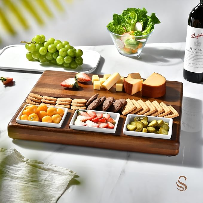 Shanik Large Acacia Wood Charcuterie Board Set – Includes 3 Removable Ceramic Bowls & Serving Utensils, Elegant Entertaining Gift for Any Occasion