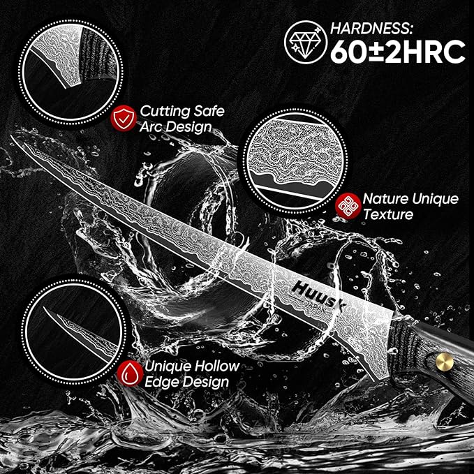 Huusk Damascus Fish Fillet Knife - 7 inch Flexible boning knife with VG10 Core, Kitchen Slicing Knife with Full Tang Handle, Birthday Dad Mom Gift