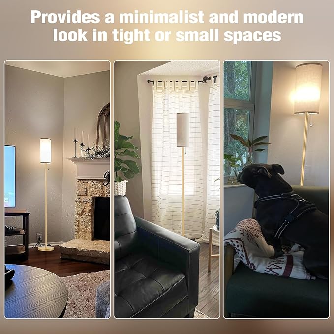 Ambimall Floor Lamp for Living Room with 3 Color Temperatures Bulb, 64" Standing lamp with Linen lampshade for Bedroom, Minimalist Pole Lamp, Beige Shade & Gold Pole