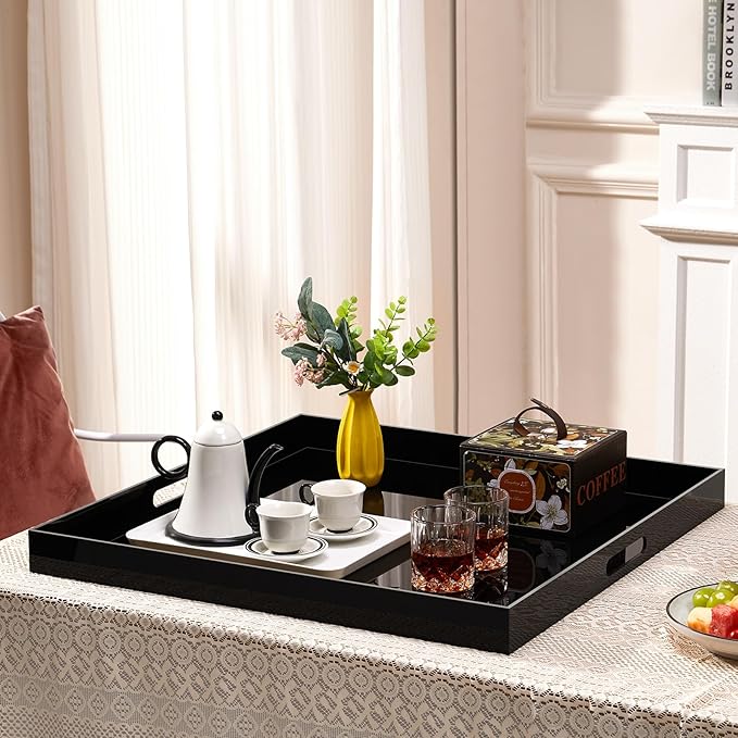 18×18 inches Oversized Black Acrylic Ottoman Tray Extra Large Decorative Tray Spill-Proof Serving Trays with Handles King-Size Safe Edge Organizer for Coffee Table Countertop Breakfast