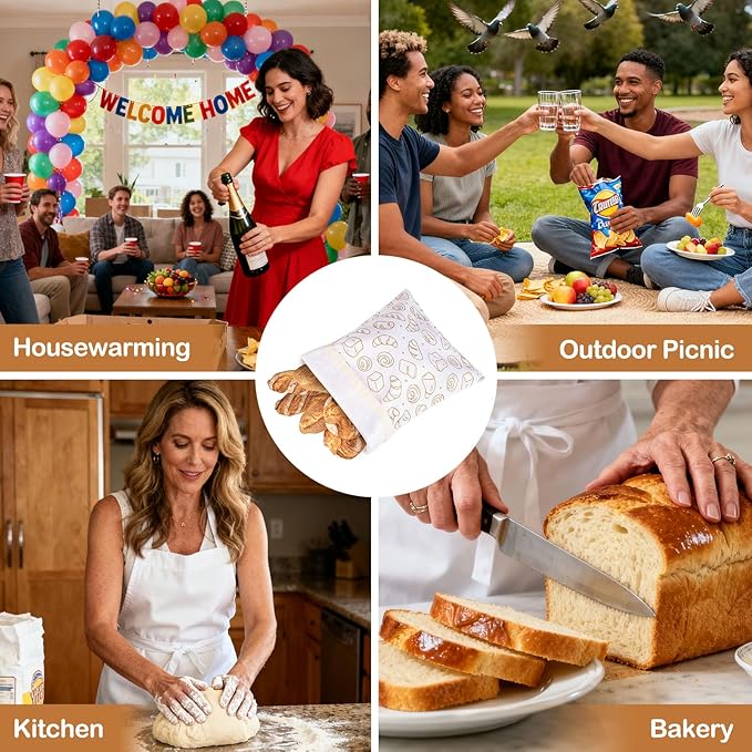LAKE OF FIRE 16.9"x12.6" Reusable Bread Storage Bags for Homemade Bread with Reusable 2 Bowl Covers,Large Sourdough Bread Bags Food Storage Cloth Bag (White + Bread)