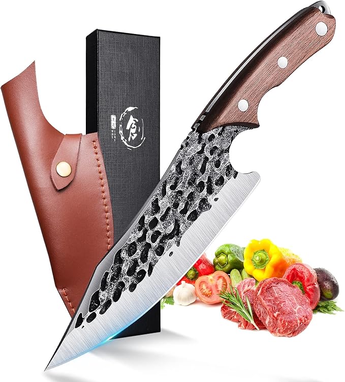 TOMBRO Huusk Japan Knife- Forged Viking Knives Sharp Boning knife Handmade Caveman Knife High Carbon Steel Butcher Knives with Sheath, Japanese Chef Knife for Kitchen, Camping, BBQ, fishing filet