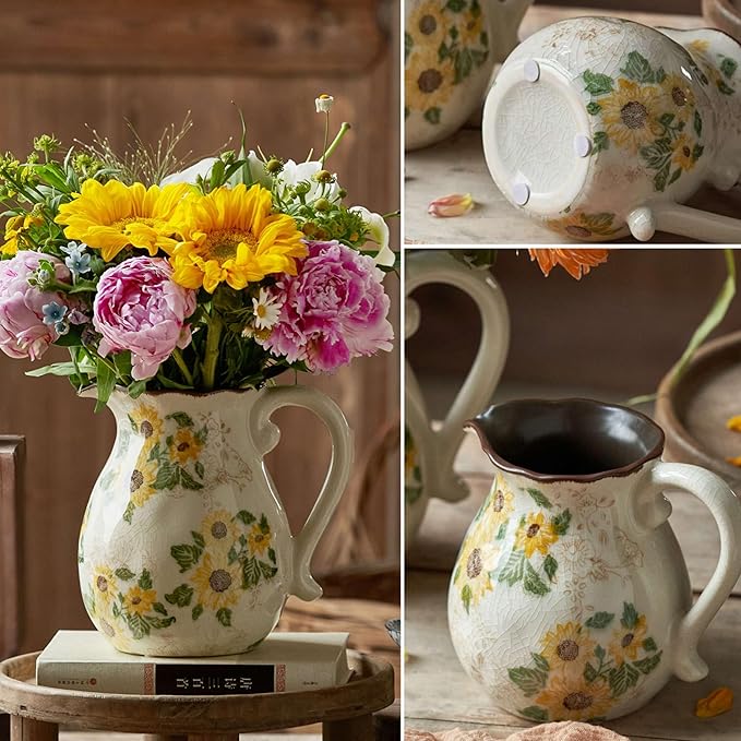 Levvohd Vintage Vase with Handle, 7.6 Inch Ceramic Pitcher Sunflower Floral Vase, Rustic Farmhouse Vases for Grandma Core Home Decor, Bookshelf Office Tuscan Decor (Large)